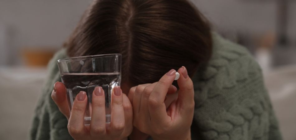 stress woman using Antidepressant pill